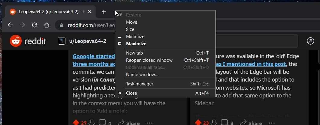 Microsoft Edge dark window frame context menu