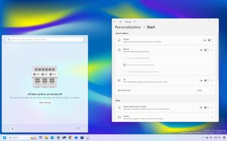 Windows 11 desktop with Start menu and Personalization settings open.