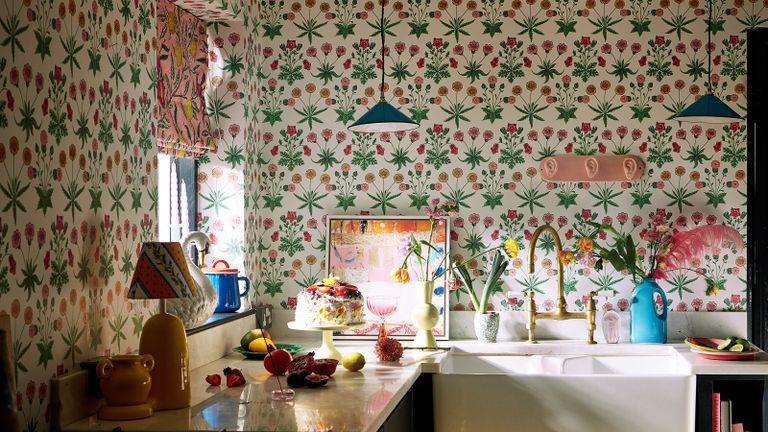 wallpaper trends shaker kitchen with floral botanical wallpaper on all walls 