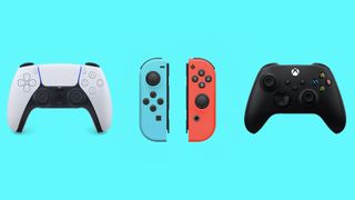 Three video game controllers in a row
