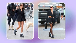 L-R: Hailey Bieber is seen wearing loafers outside "Good Morning America" on June 15, 2022 in New York City; Hailey Bieber is seen wearing loafers on August 18, 2022 in Los Angeles, California