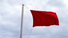 A red flag against the backdrop of a cloudy sky.