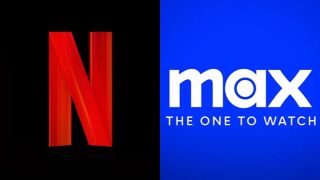 From left to right: the Netflix red "N" and the Max logo on a blue background that says "Max The One To Watch"