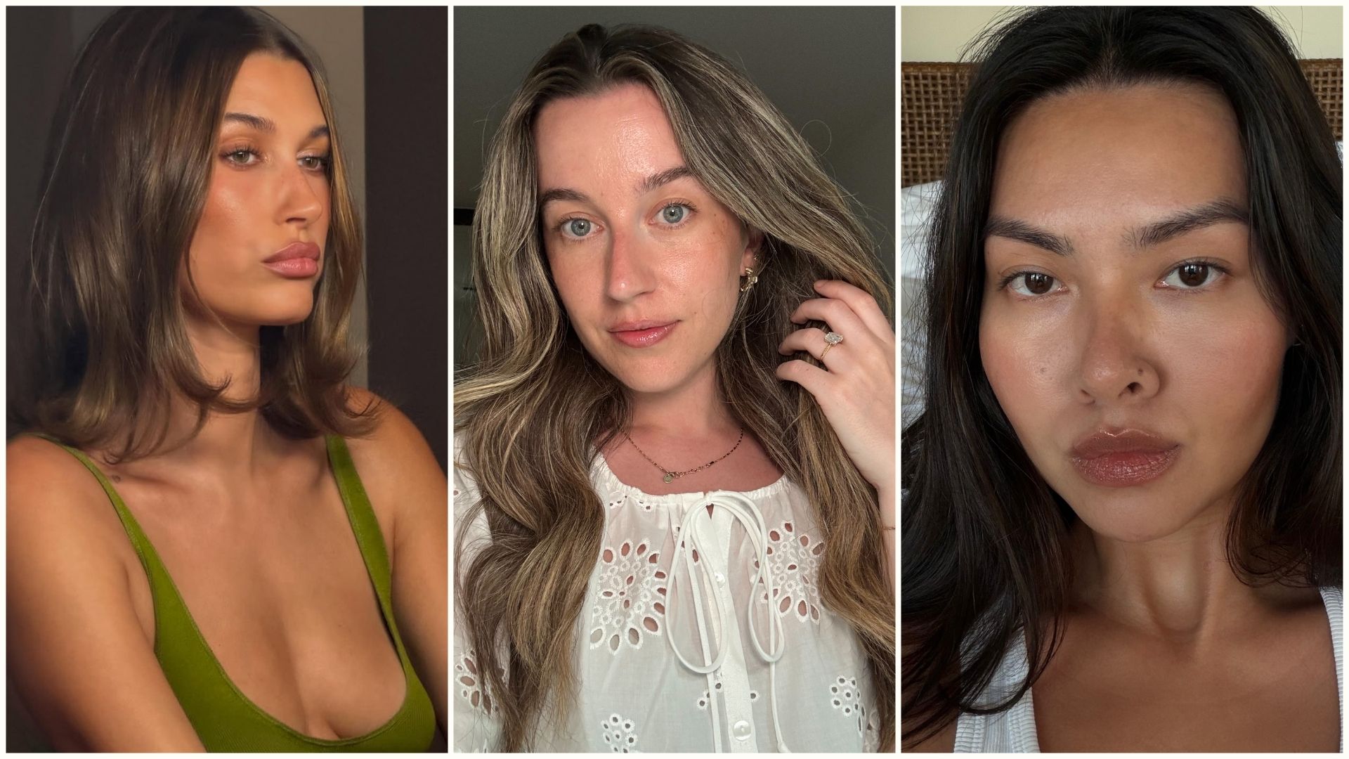 A collage of Hailey Bieber, deputy beauty editor Grace Lindsay and creator @mimixn with naturally dewy makeup looks
