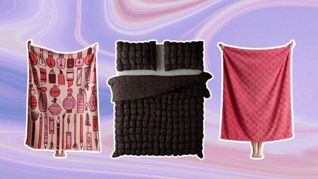 A trio of bedding items from the Urban Outfitters homeware sale on purple swirled background