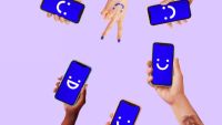 A picture of 5 phones with blue backgrounds and smiley faces on the screen. An image for Visible Party Pay