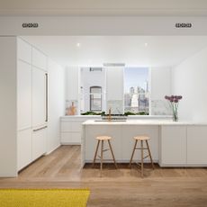 kitchen with wooden floor and white wall