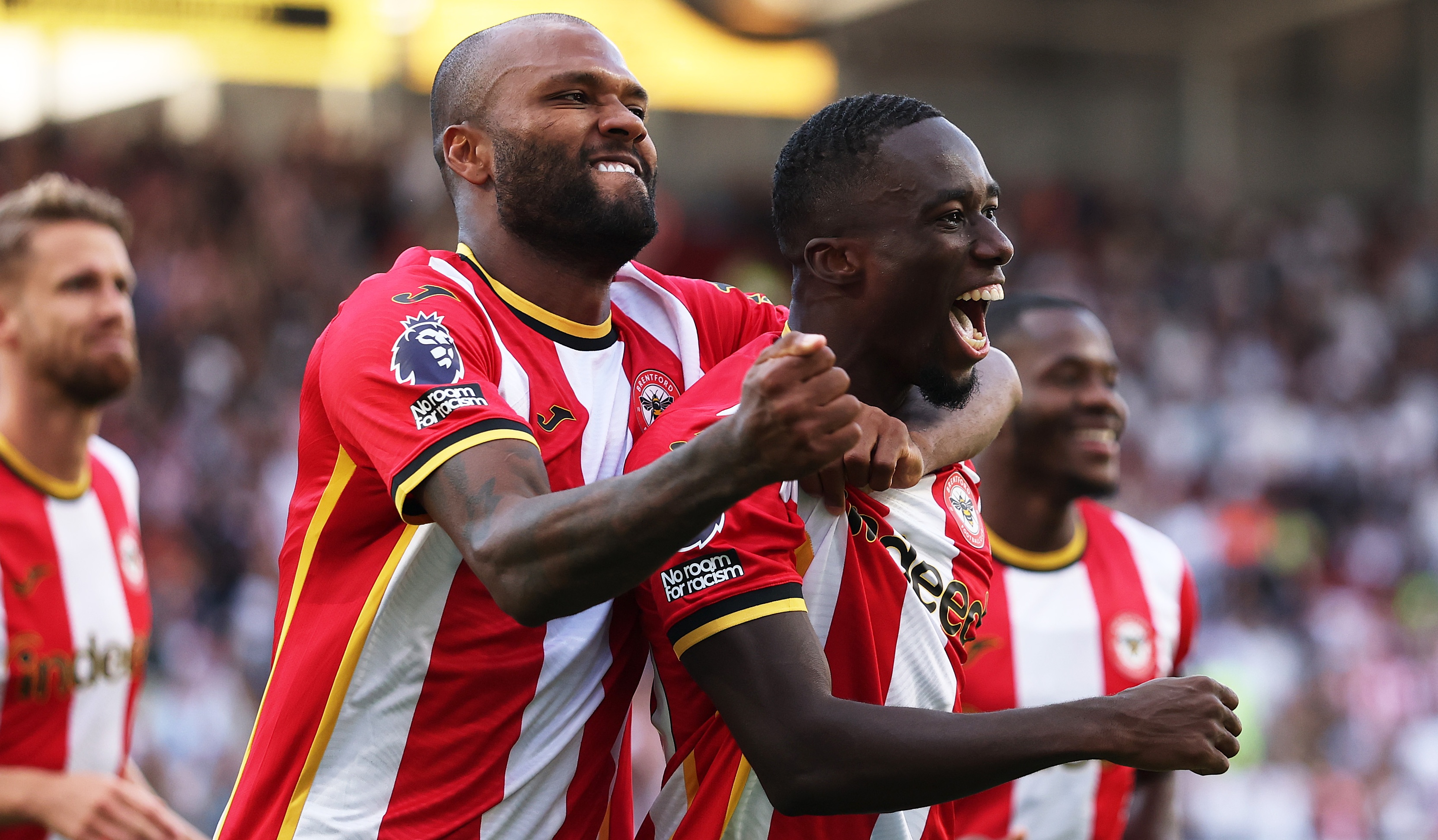 Michael Kayode of Brentford celebrates scoring with Igor Thiago during the Premier League 2026/27 match against Tottenham Hotspur at Gtech Community Stadium on August 22, 2026 in Brentford, England