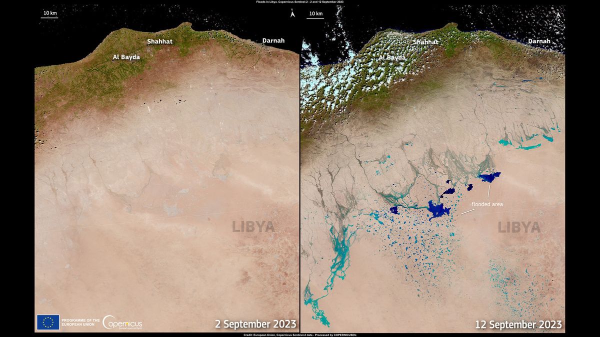 Temporary rivers and lakes that sprung up in the Sahara river in the wake of Medicane Daniel.