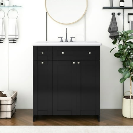 Euroco 30&quot; Bathroom Vanity With Sink Top,combo Cabinet Undermount Sink,bathroom Storage Cabinet Vanities,black