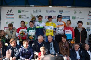 All the winners are on the podium after the second, 110.1km road race stage of Elsy Jacobs - a stage race in Luxembourg in Garnich on May 1, 2016.