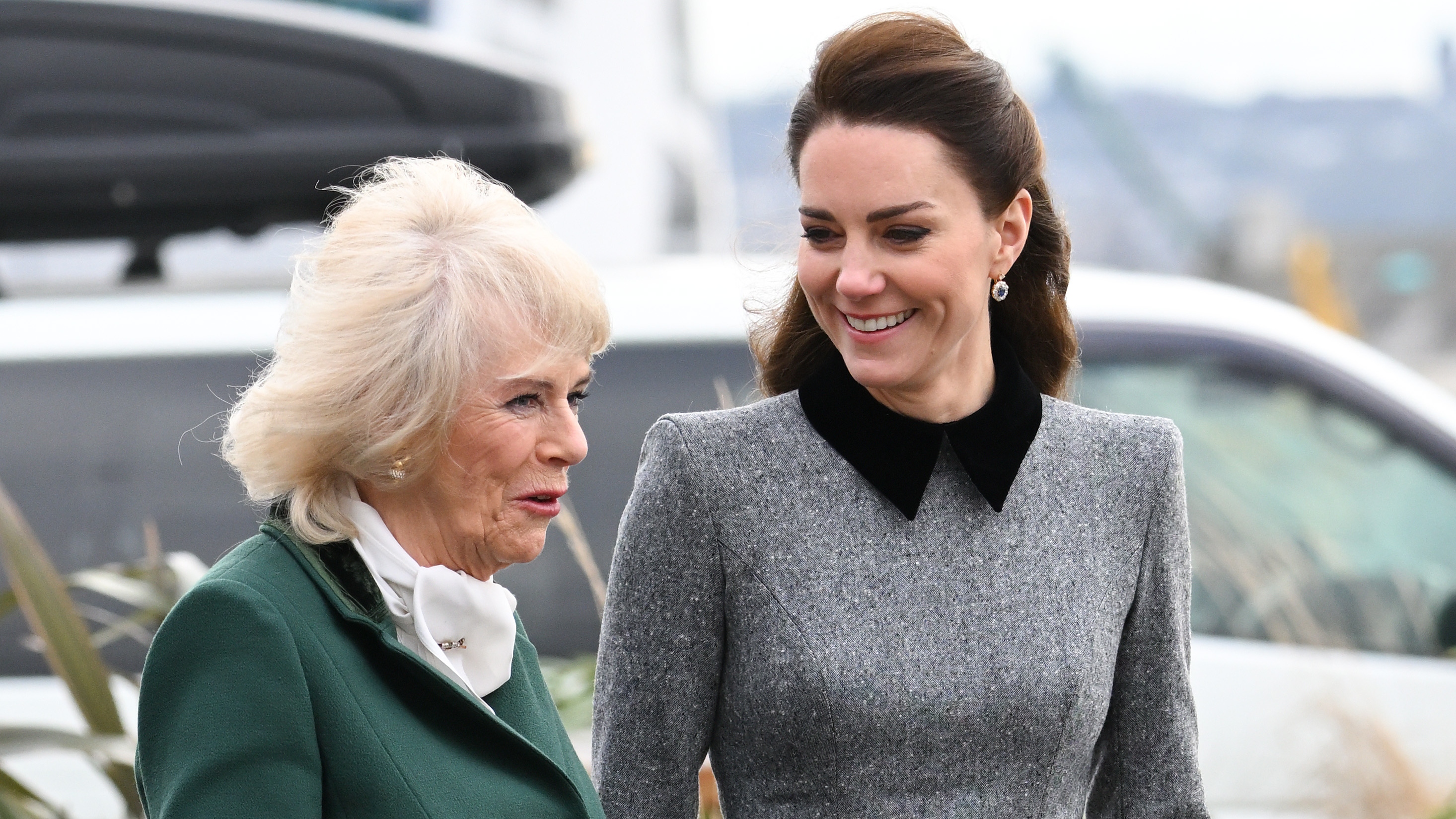 Queen Camilla and Catherine, Princess of Wales arrive for their visit to The Prince's Foundation training site