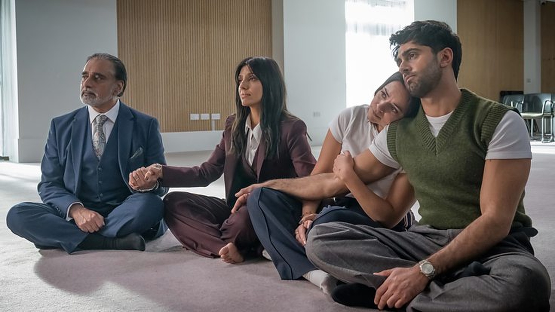 Sanjeev Bhaskar as Dhruv, Ritu Arya as Aria, Aysha Kala as Maya and Arian Nik as Kav in The Split Up