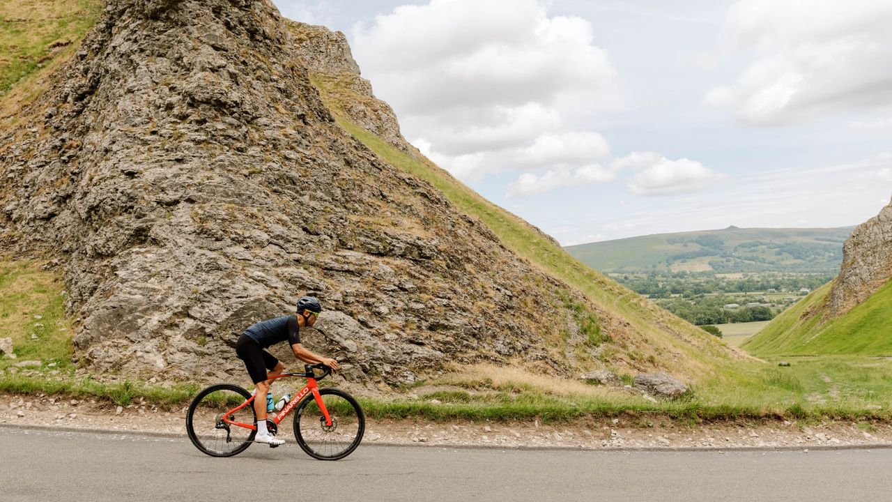 Sam Gupta riding a Pinarello X in the Peak District