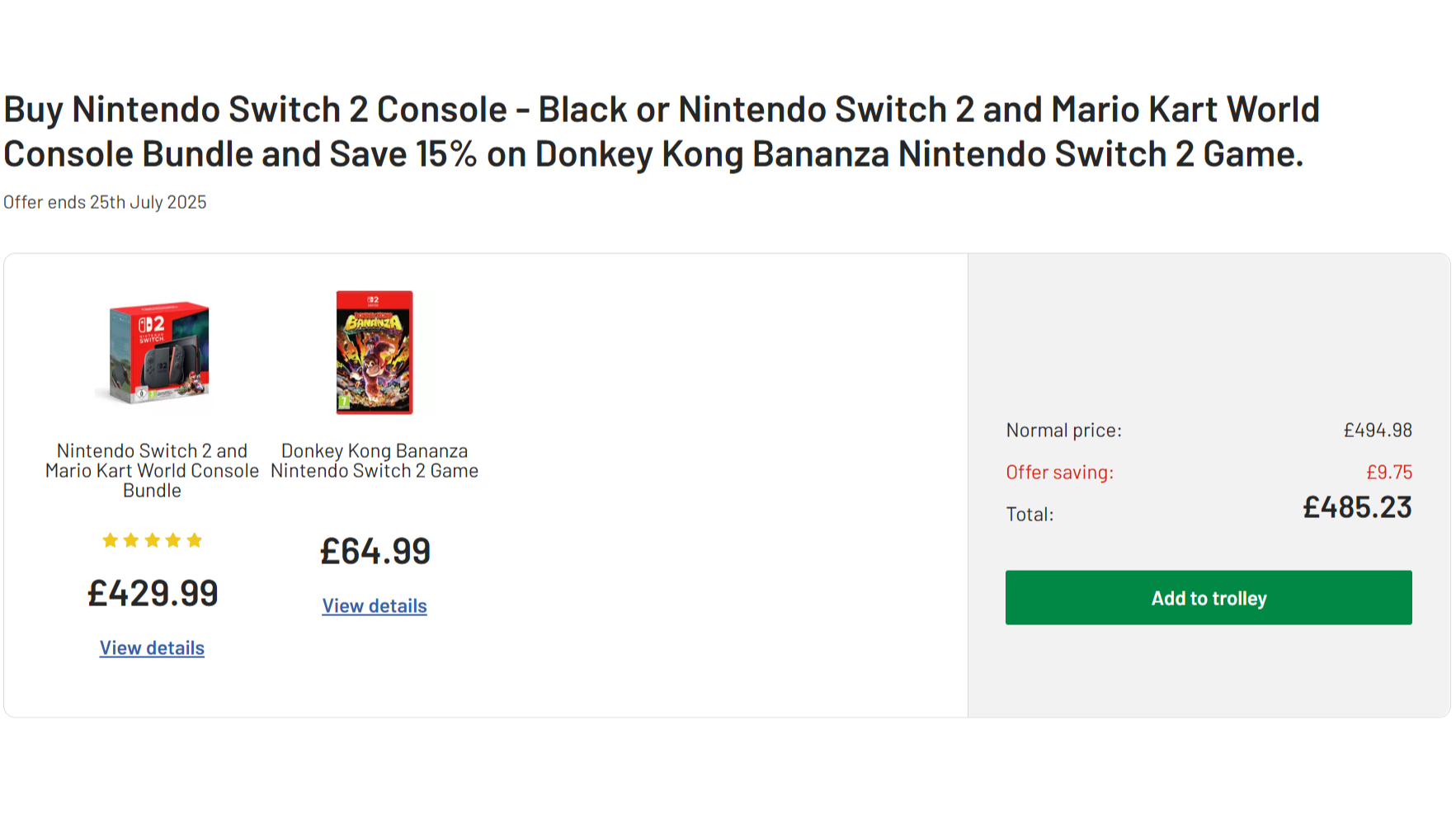 Argos Switch 2 and Donkey Kong Bananza listing details