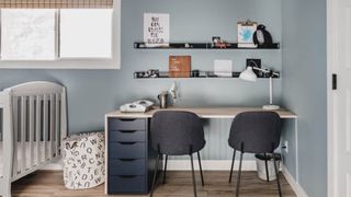 wooden IKEA desk hack with waterfall end in blue boy's bedroom