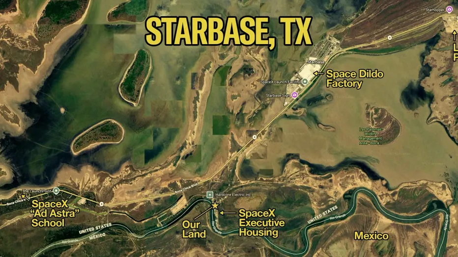 A map labeles locations around Starbase, TX, with SpaceX Executive housing shown next to property owned by Cards Against Humanity.