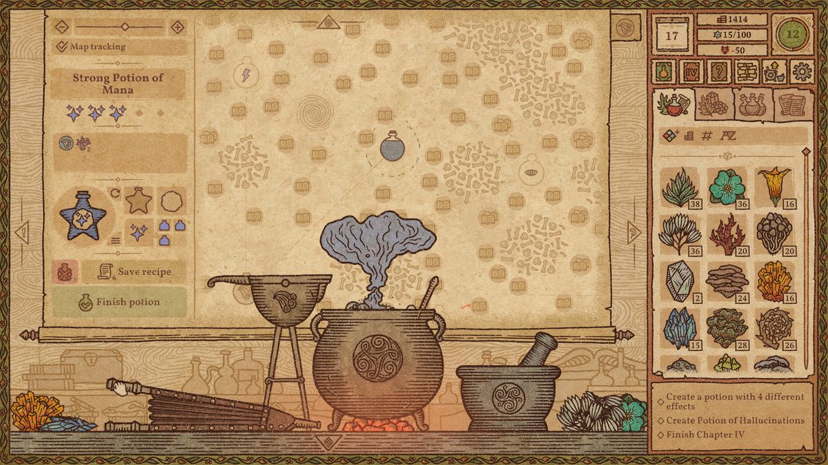 An alchemist&#039;s workbench in an illustrated style from Potion Craft: Alchemy Simulator. There are gameplay menus on either side.