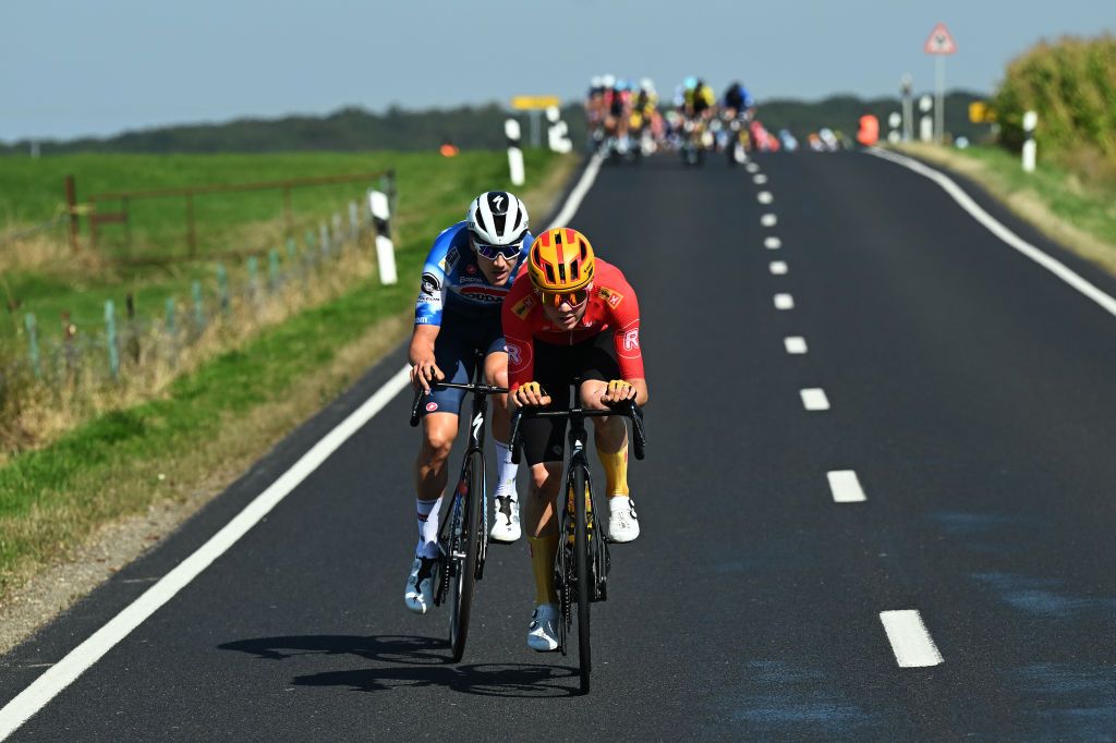 DIEKIRCH LUXEMBOURG SEPTEMBER 20 LR Louis Vervaeke of Belgium and Team Soudal QuickStep and Johannes Kulset of Norway and Team UnoX Mobility compete in the breakaway during the 84th Tour de Luxembourg 2024 Stage 3 a 2013km stage from Rosport to Diekirch UCIWT on September 20 2024 in Diekirch Luxembourg Photo by Tim de WaeleGetty Images