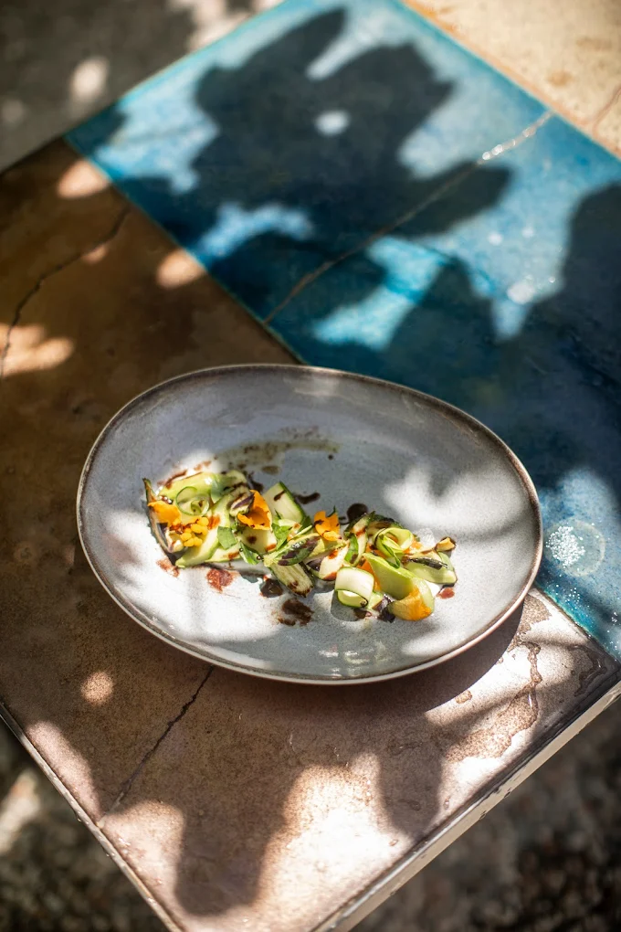 A fine dining restaurant with outdoor tables showcases one of its vegetarian courgette dishes on an organically shaped ceramic plate positioned outside in the sun.