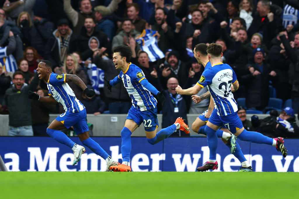 Kaoru Mitoma of Brighton & Hove Albion celebrates after scoring the team's second goal during the Emirates FA Cup Fourth Round match between Brighton & Hove Albion and Liverpool FC at Amex Stadium on January 29, 2023 in Brighton, England