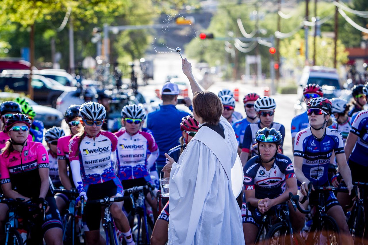 Riders receive a blessing for safety at todays start
