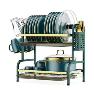 Gold and black dish rack with blue dishes