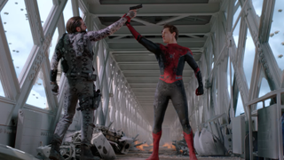 Mysterio (Jake Gyllenhaal) and Peter Parker (Tom Holland) fight in Spider-Man: Far From Home