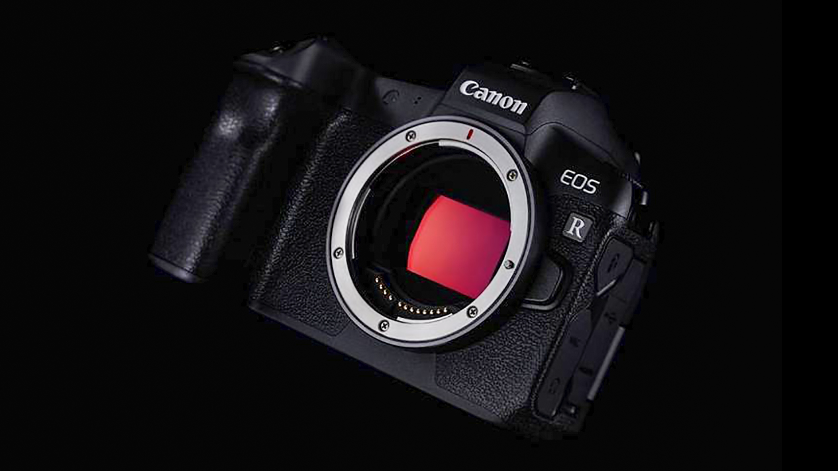 Canon EOS R camera body against a black background
