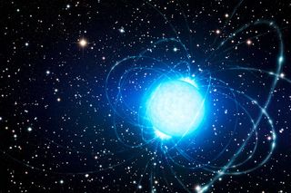 An artist depicts a magnetar in the star cluster Westerlund 1. The luminous arcs follow the object's intense magnetic field.