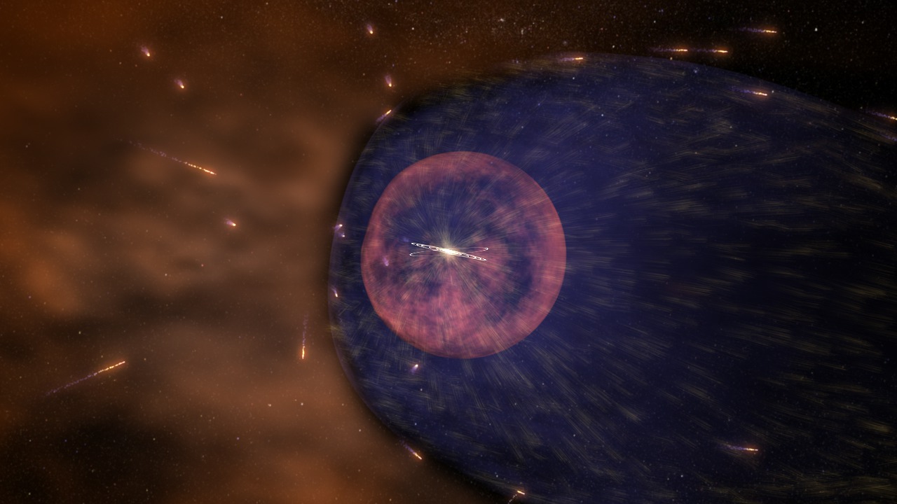 An illustration of a bright light surrounded by a glowing pink sphere, with sparks of light hitting the sphere