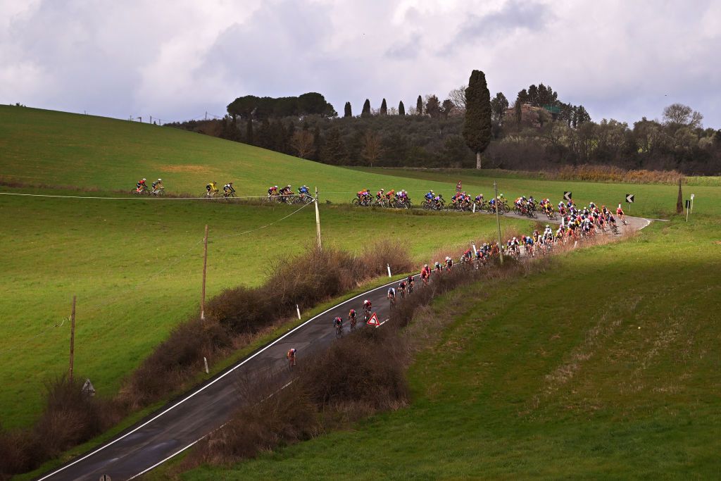 The peloton during Strade Bianche 2024