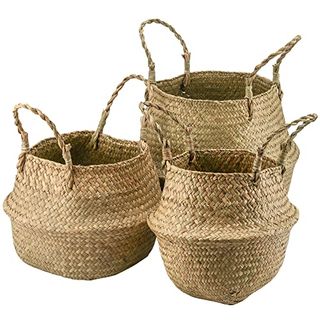 Muklei 3 Pcs Seagrass Belly Basket, Seagrass Baskets With Handles, Seagrass Baskets for Plants Handmade Woven Seagrass Basket for Picnic, Laundry, Storage, 3 Sizes