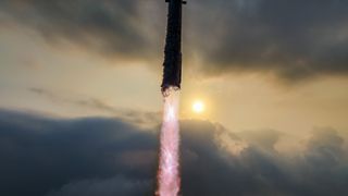 a massive silver rocket lifts off above a plume of fire