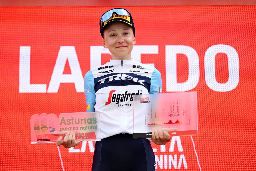 LAREDO SPAIN MAY 06 Gaia Realini of Italy and Team TrekSegafredo celebrates at podium as stage winner during the 9th La Vuelta Femenina 2023 Stage 6 a 1061km stage from Castro Urdiales to Laredo UCIWWT on May 06 2023 in Laredo Spain Photo by Dario BelingheriGetty Images