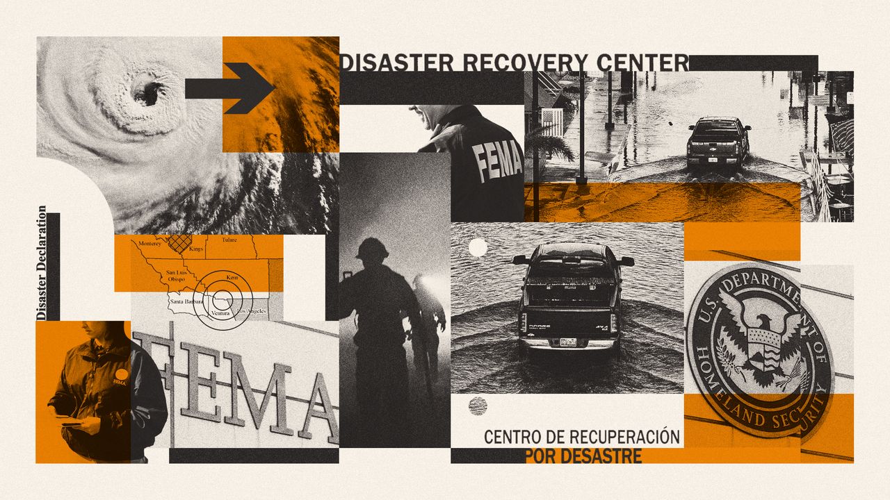 Photo composite illustration of hurricane, flood and fire disasters with FEMA aid workers