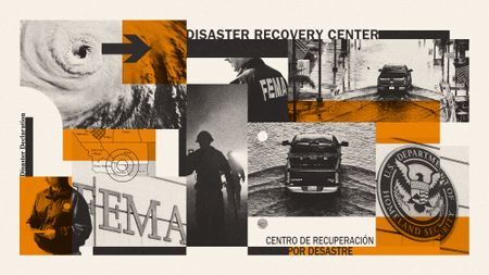 Photo composite illustration of hurricane, flood and fire disasters with FEMA aid workers