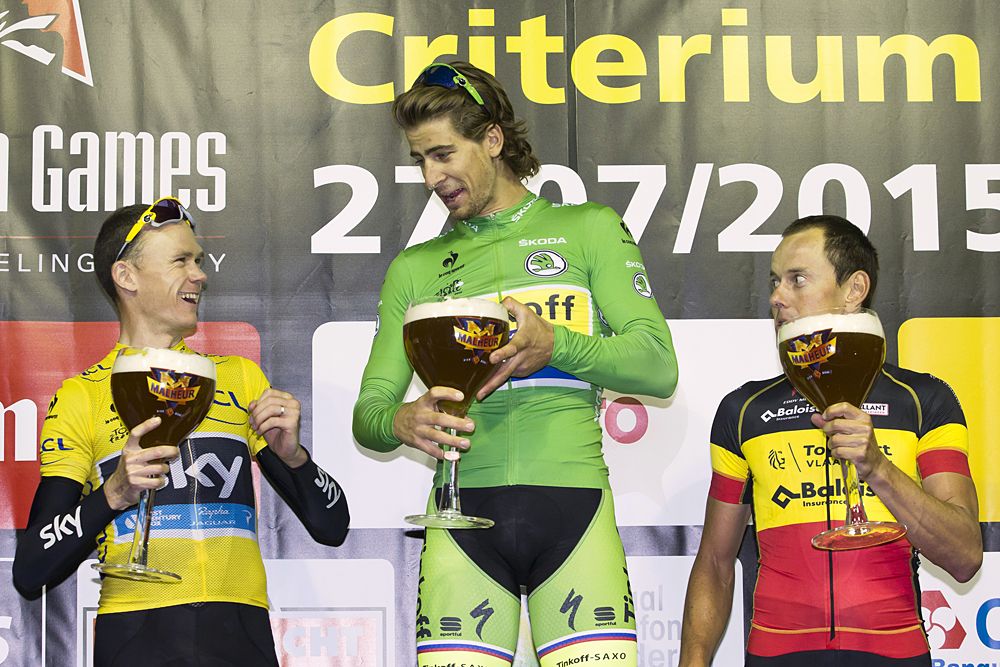 Chris Froome, Peter Sagan and Preben Van Hecke enjoy the spoils at the Natourcriterium Aalst