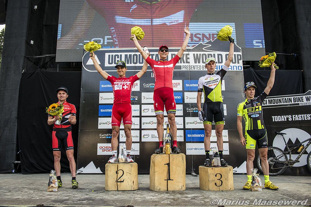 Podium: Mathias Fluckiger, Nino Schurter, Jaroslav Kulhavy, Ondrej Cink, Maxime Marotte
