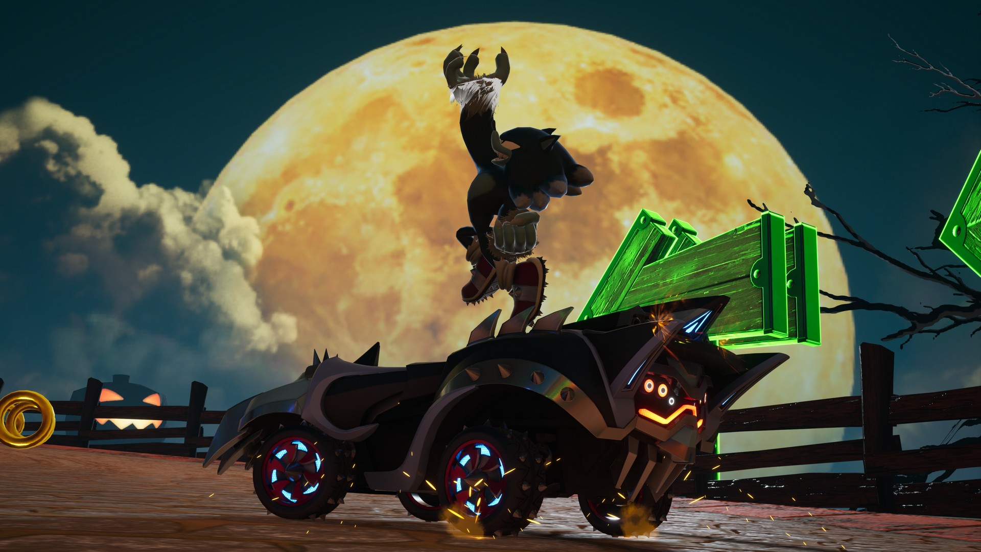Sonic in werehog form in Sonic Racing: CrossWorlds does a trick in front of a large yellow moon