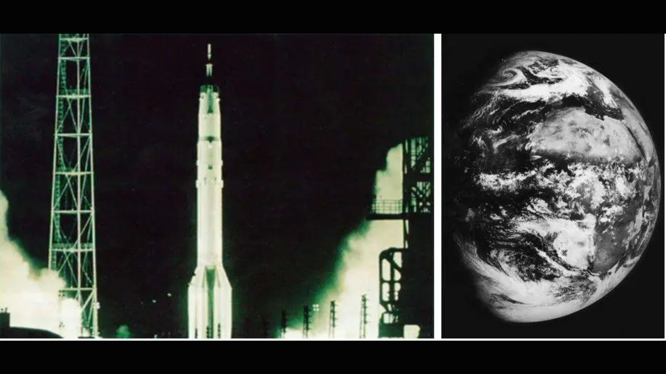 The Soviet Union's Zond 5 mission launches on the first circumlunar flight on Sept. 15, 1968 from Baikonur, Cosmodrome. At right: A view of the Earth from deep space from Zond 5.