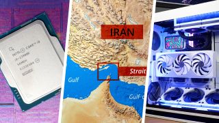 A CPU and gaming PC next to a map highlighting the strait of Hormuz in Iran