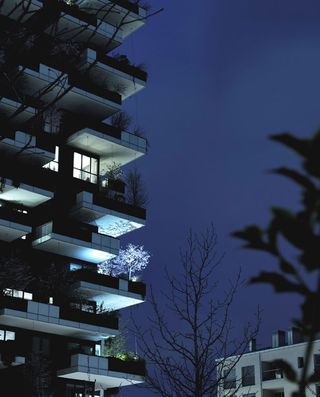 A view of the Bosco Verticale at night