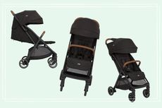A trio of images of the Joie Pact Pro compact lightweight stroller