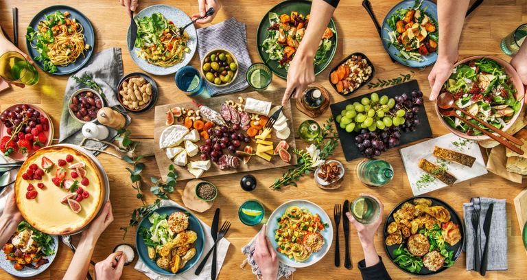 Overhead tablescape of recipes from HelloFresh