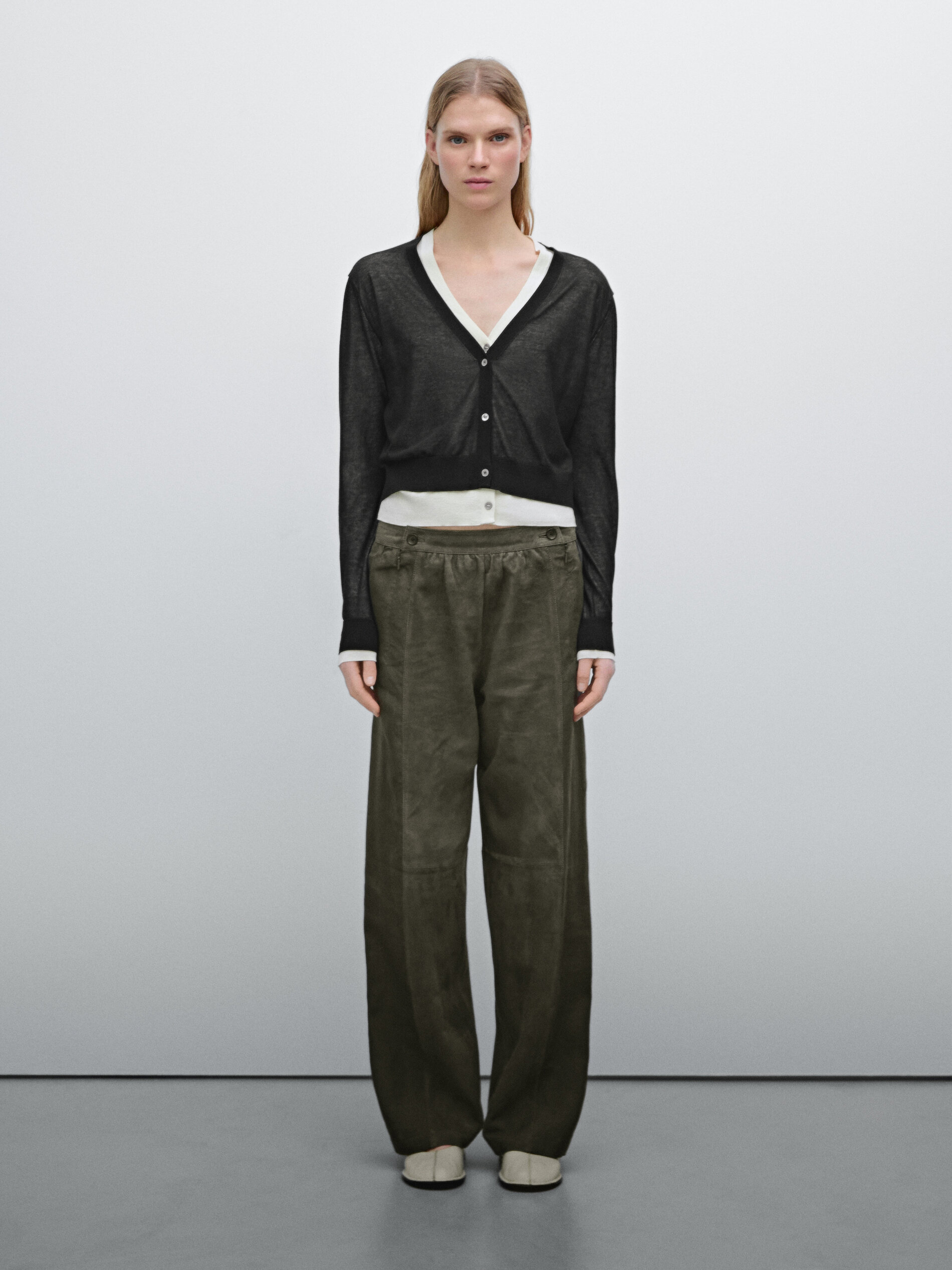 Suede Leather Trousers With Linen Detail