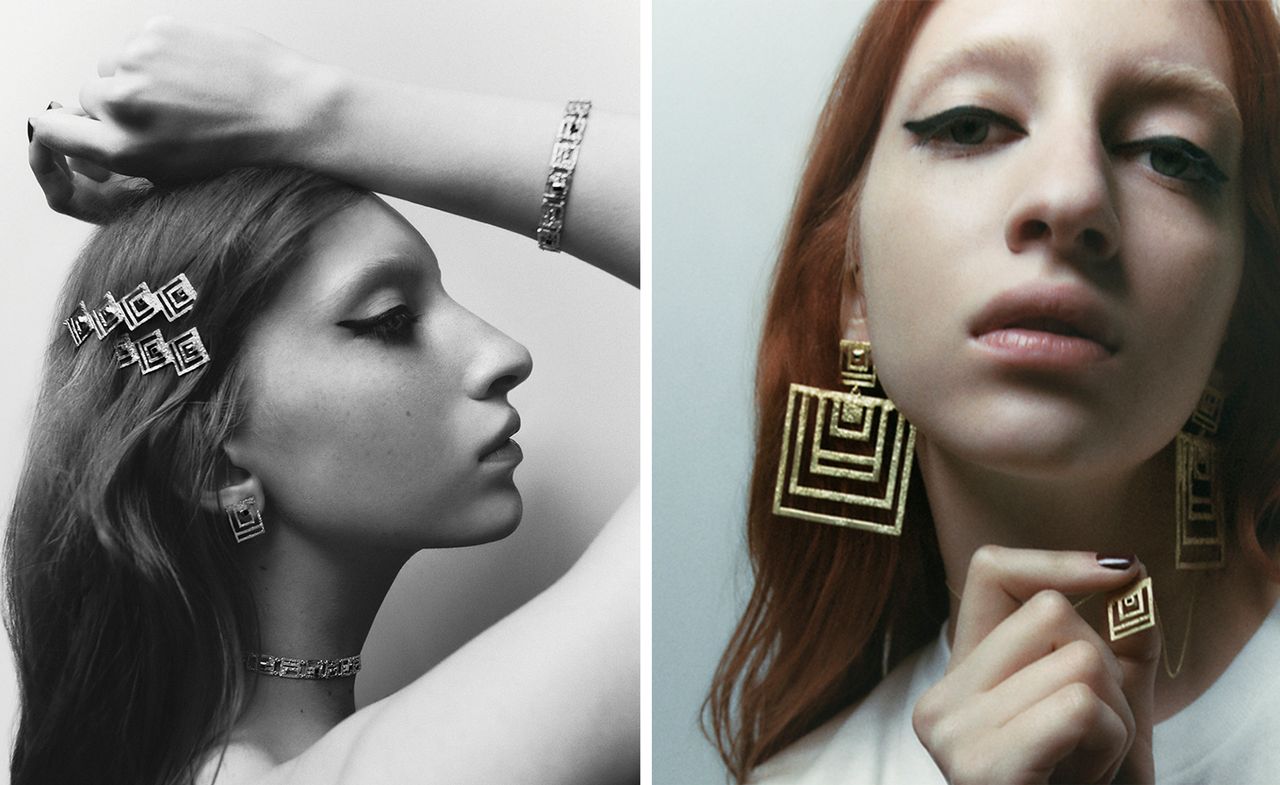  woman wearing art-deco-inspired gold jewellery – hair clips and earrings – by Khaite and Elhanati 