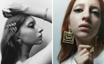 woman wearing art-deco-inspired gold jewellery by. Khaite and Elhanati 