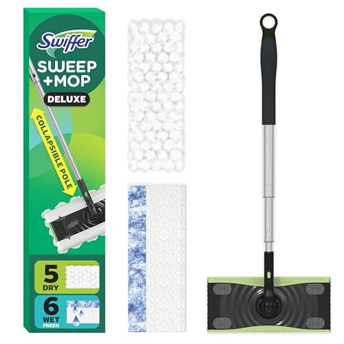Swiffer Sweep &amp;amp; Mop Deluxe 2-In-1 Multi-Surface Kit for Floor Cleaning, Includes 1 Sweeper Device, 5 Dry Sweeping + 6 Wet Mopping Heavy Duty Cloths, Black