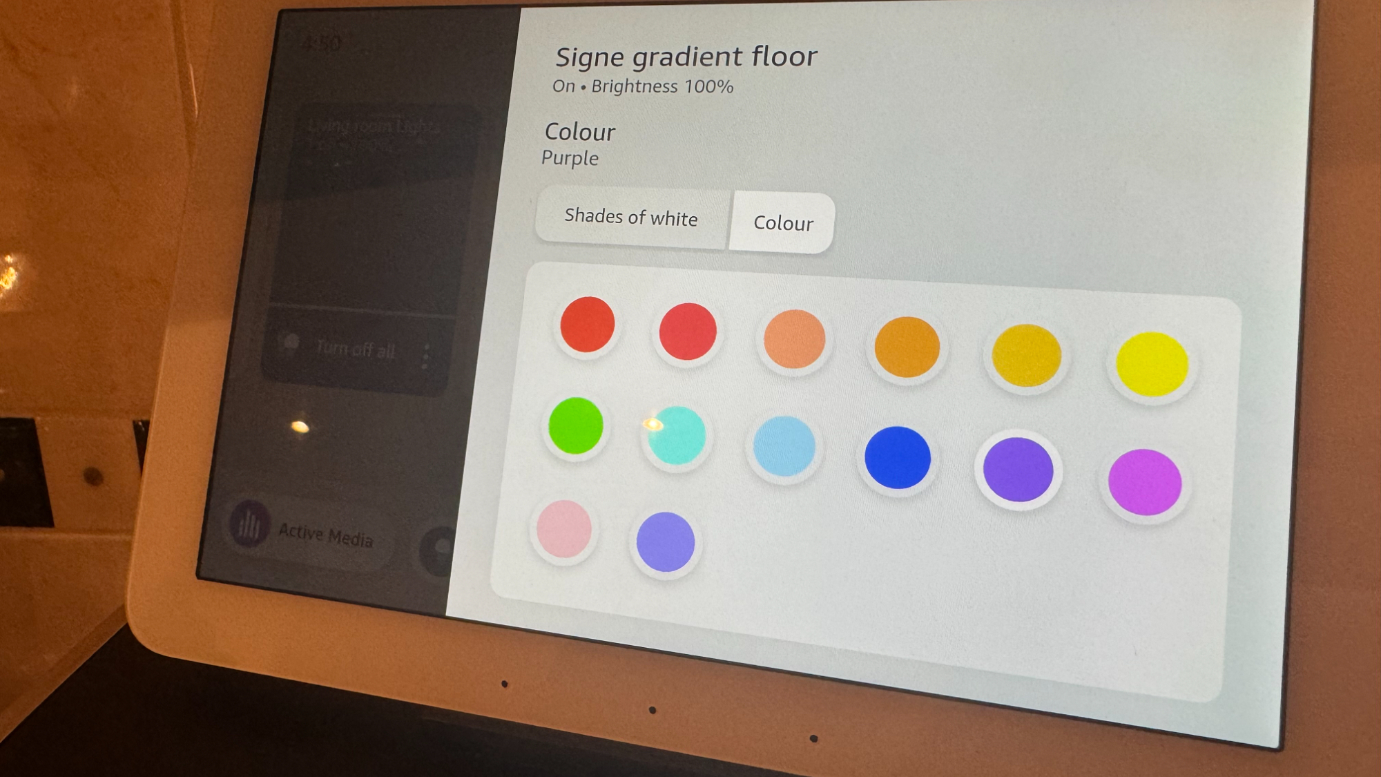 Amazon Echo Hub showing the color changing options on a smart light